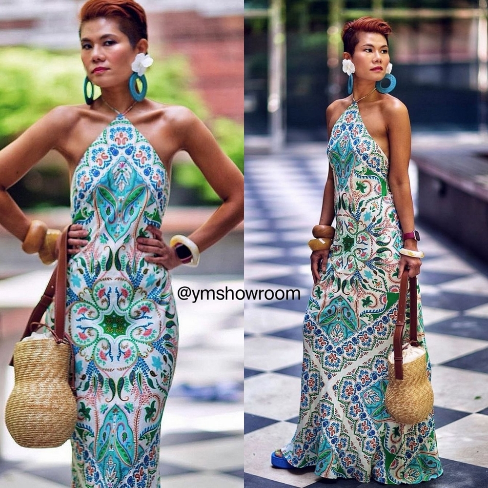 Printed Halter Maxi Dress in Teal & White
